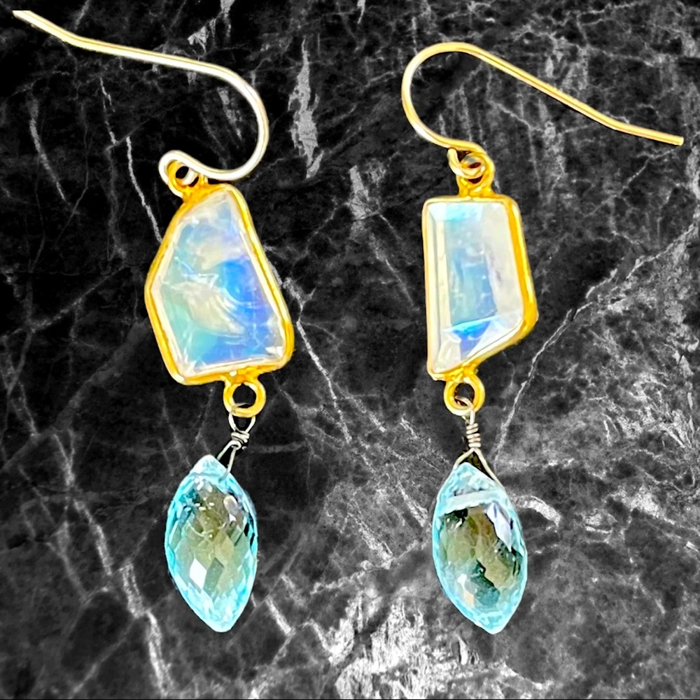 Rainbow Moonstone incredible blue flash earrings with faceted Blue Topaz drops